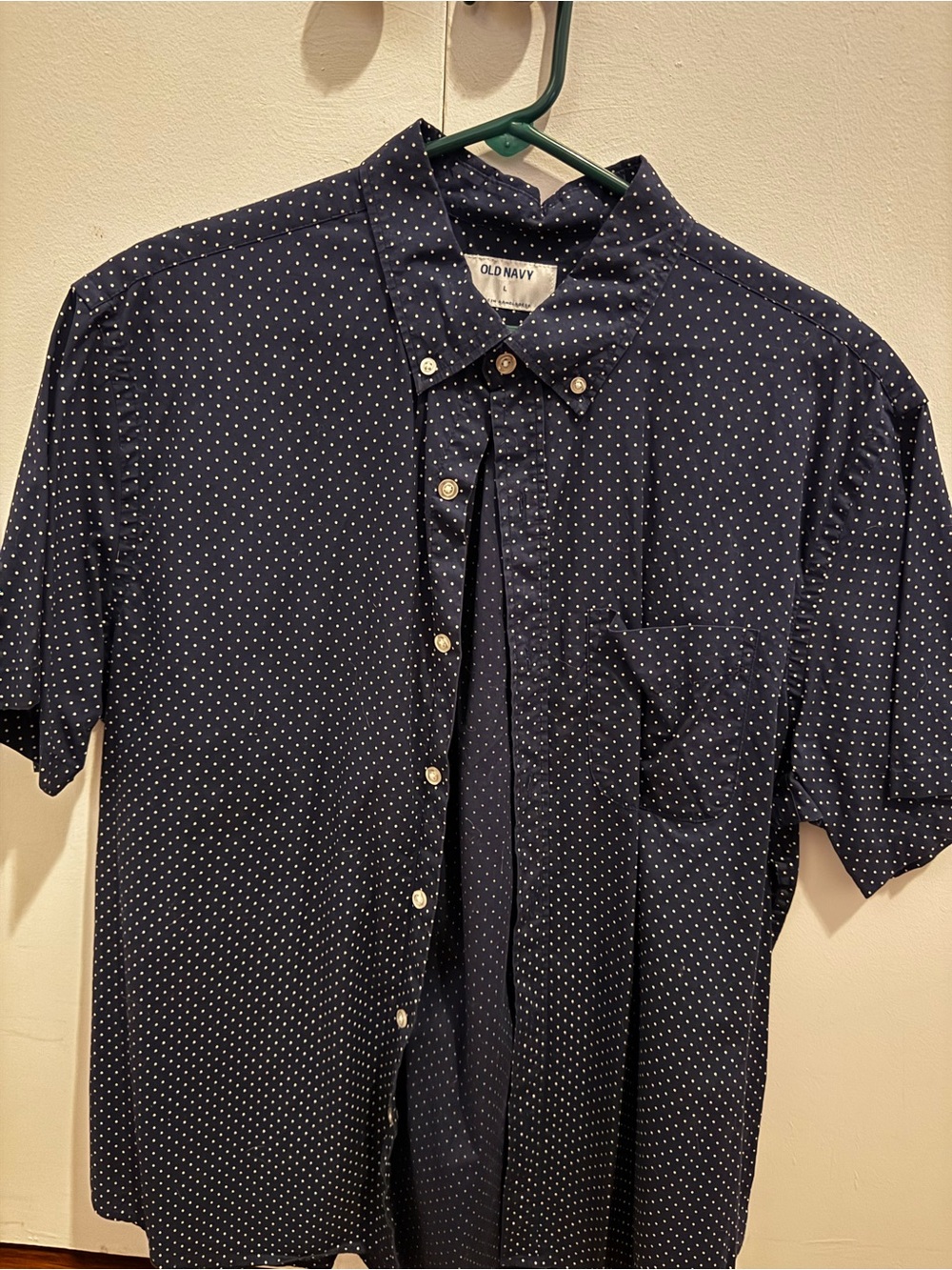 Old Navy Navy Blue Short-Sleeve Button-Up with White Dot Pattern